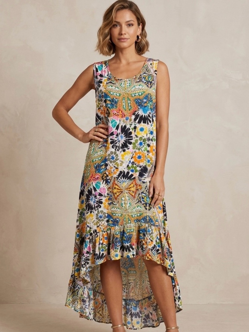 Tolani Collection Lg Petite Maxi Dress Bohemian MultiColor Mosaic High Low Dress
